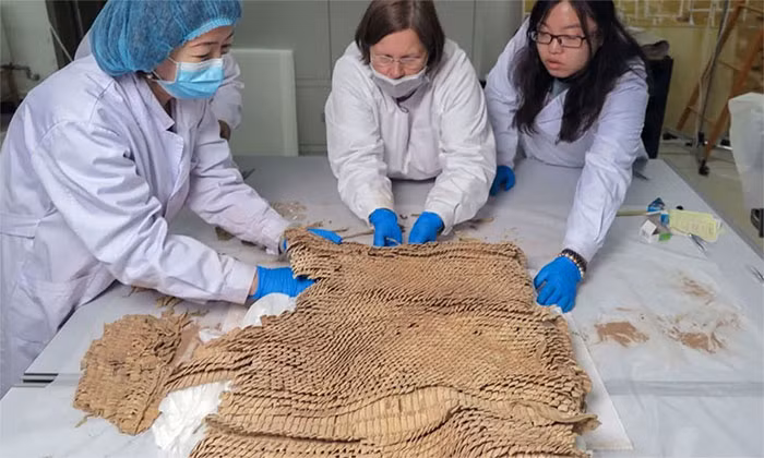 3. Giáp "vảy cá" Trung Quốc (Niên đại: Thời kỳ nhà Tần 221-206 TCN, xuất xứ: Trung Quốc): Giáp "vảy cá" là một loại giáp lamellar gồm các mảnh kim loại hoặc da nhỏ hình vảy cá, liên kết với nhau bằng dây da. Bộ giáp này cung cấp sự linh hoạt và bảo vệ hiệu quả cho các chiến binh Trung Quốc.(Ảnh: Patrick Wertmann)