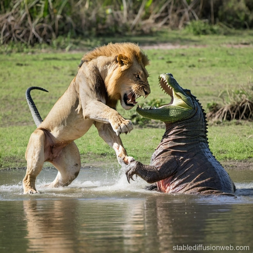Trong thế giới tự nhiên, nơi mà sự sinh tồn đòi hỏi sức mạnh, mưu trí và sự quyết đoán, cá sấu và sư tử là hai trong số những kẻ săn mồi đứng đầu chuỗi thức ăn. Sự đối đầu giữa chúng không chỉ là cuộc chiến về thể lực mà còn là màn thể hiện bản năng sinh tồn đáng kinh ngạc.(Ảnh: Stable Diffusion Online)
