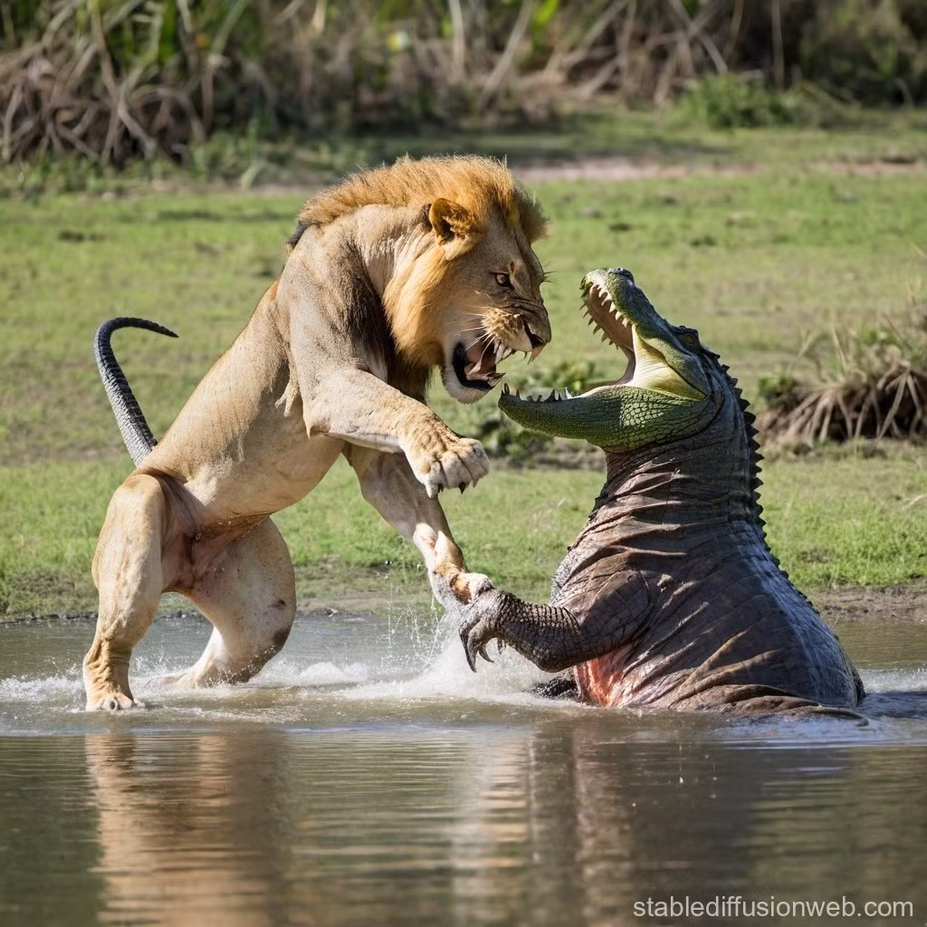 Trong thế giới tự nhiên, nơi mà sự sinh tồn đòi hỏi sức mạnh, mưu trí và sự quyết đoán, cá sấu và sư tử là hai trong số những kẻ săn mồi đứng đầu chuỗi thức ăn. Sự đối đầu giữa chúng không chỉ là cuộc chiến về thể lực mà còn là màn thể hiện bản năng sinh tồn đáng kinh ngạc.(Ảnh: Stable Diffusion Online)