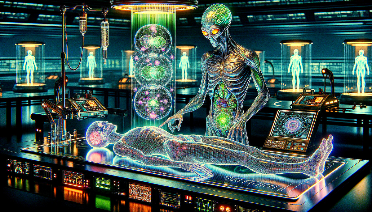 Công nghệ tích hợp với sinh học có thể giải thích tại sao một số nhân chứng cho rằng người ngoài hành tinh giao tiếp bằng ngôn ngữ mẹ đẻ của họ, nhờ vào các thiết bị dịch ngôn ngữ tự động tích hợp trong não.(Ảnh: Deep Dream Generator)