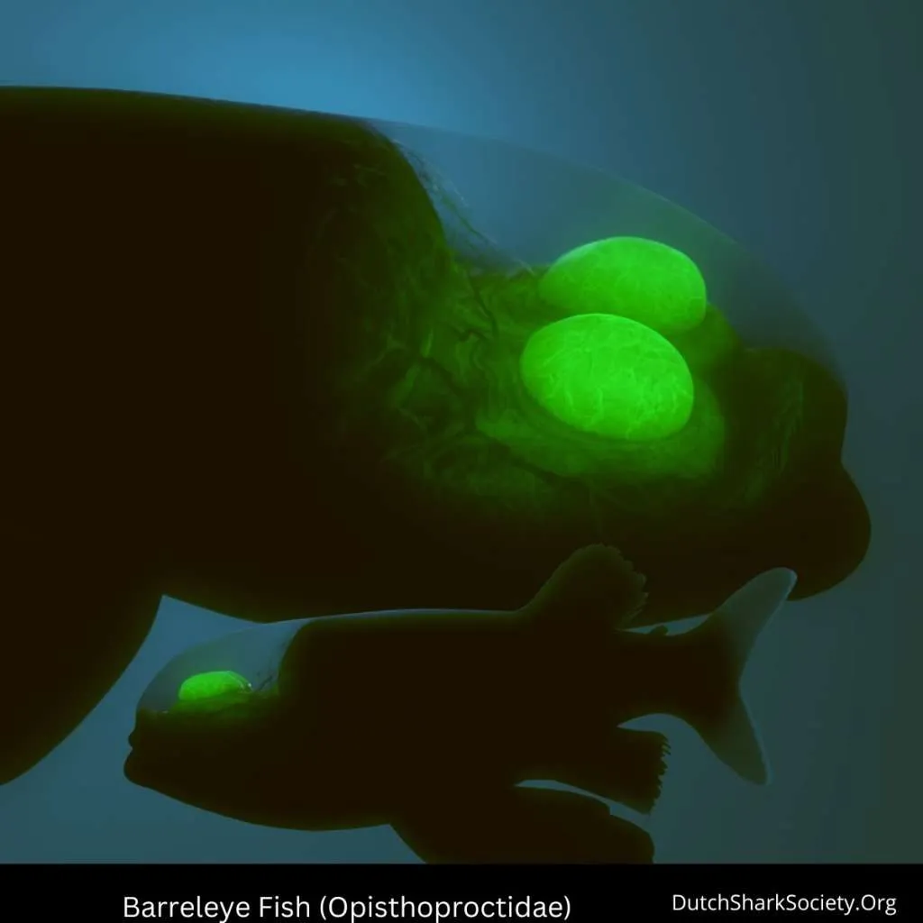 Họ cá mắt thùng còn bao gồm các loài khác như Opisthoproctus barreleyes và Dolichopteryx với những đặc điểm độc đáo, giúp chúng thích nghi với môi trường biển sâu.(Ảnh: Dutch Shark Society)