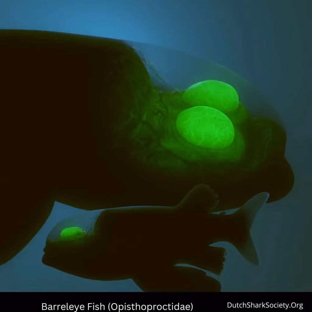 Họ cá mắt thùng còn bao gồm các loài khác như Opisthoproctus barreleyes và Dolichopteryx với những đặc điểm độc đáo, giúp chúng thích nghi với môi trường biển sâu.(Ảnh: Dutch Shark Society)