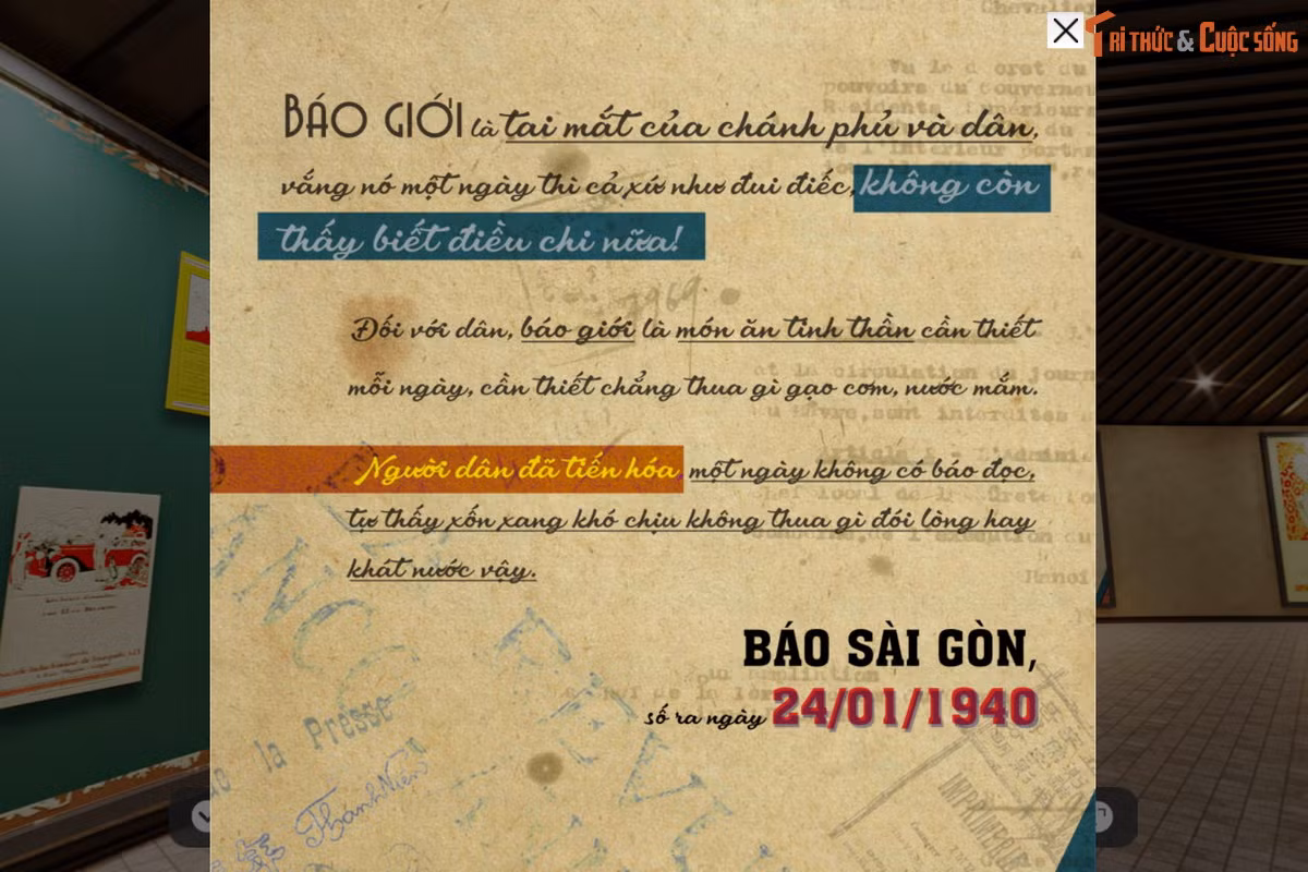 Một phát ngôn về vai trò của báo chí trích từ Báo Sài Gòn số ra ngày 24/1/1940, được giới thiệu ở phần II của Triển lãm. (Ảnh chụp màn hình).