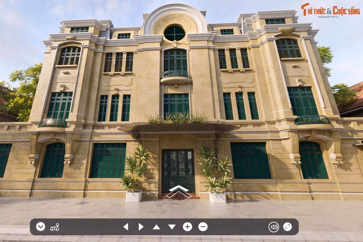 Chuyến thăm quan Triển lãm trực tuyến “Báo chí ở Việt Nam trước năm 1945” bắt đầu với mô hình 3D của một tòa nhà cổ kính, tái hiện trụ sở tòa soạn Báo Hà Nội Mới ở Hà Nội. Để "di chuyển", chỉ cần click chuột vào mũi tên màu trắng. (Ảnh chụp màn hình).