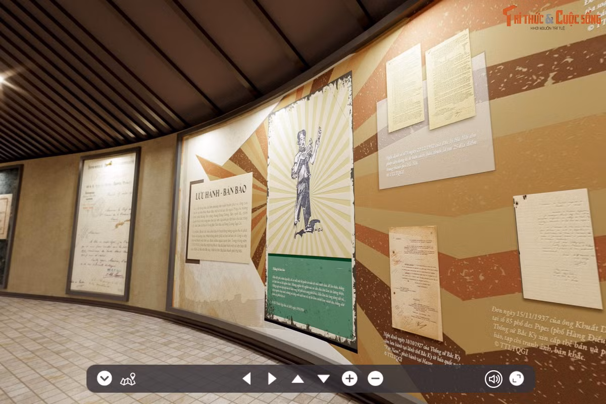 Phần trưng bày này có những tài liệu, hình ảnh về một số vấn đề gắn liền với công tác phát hành và lưu hành báo chí, trong đó tiêu biểu gồm có giấy in, nhà in, lưu chiểu, bán báo và quảng cáo. (Ảnh chụp màn hình).