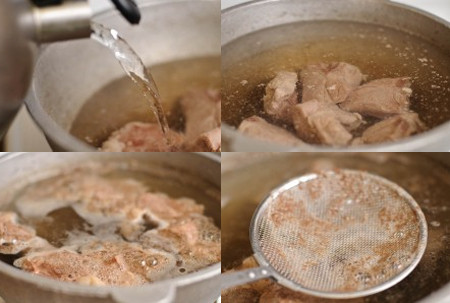 Lấy một chiếc nồi, đổ nước vào đun sôi, sau đó cho sườn vào chần trong 5 phút, thì vớt ra rửa sạch lần nữa. Tiếp tục rửa qua nồi, cho sườn và một lượng nước vừa phải vào nồi, nêm thêm 1 thìa nhỏ gia vị và ninh tiếp khoảng 15 phút để sườn mềm chín.