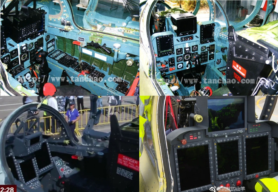 Điểm mới khác trên JL-9G là buồng lái được trang bị các màn hình LCD khổ rộng. Phi công ngồi trước được bố trí 3 màn hình LCD khổ lớn, cùng một màn hình nhỏ hơn ở vị trí phía trên. Phi công ngồi sau có tới 4 màn hình LCD khổ lớn. Nguồn ảnh: Sina.