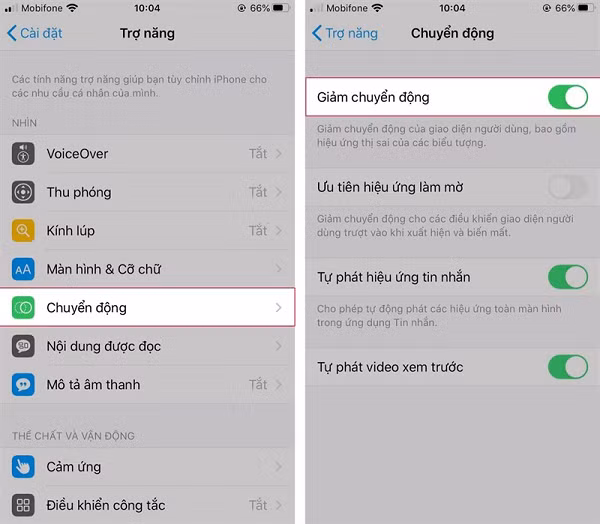 Trong iPhone có tính năng hỗ trợ giảm chuyển động cho người sử dụng. Tuy nhiên nếu cảm thấy không cần thiết, hãy tắt tính năng này để giảm thiểu điện năng tiêu thụ.