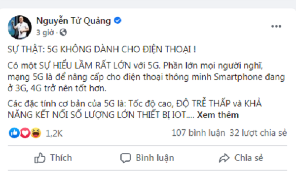 Chia sẻ của ông Nguyễn Tử Quảng trên trang cá nhân đang nhận được sự quan tâm lớn của giới công nghệ. Theo CEO Bkav, mạng 5G hiện nay là dư thừa nếu chỉ dùng trên smartphone.