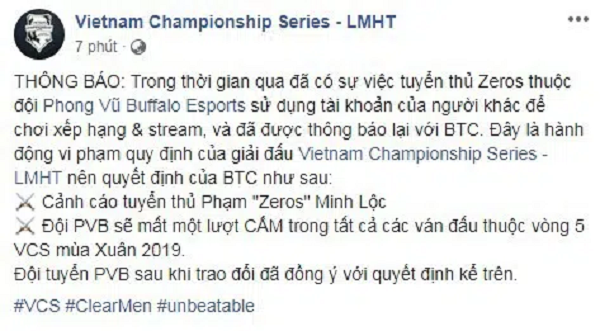 Cụ thể, Optimus khẳng định anh đã phát hiện Zeros sử dụng chung tài khoản với một số người chơi khác để leo rank - Một điều cấm kỵ của Riot Games với các tuyển thủ chuyên nghiệp nhằm ngăn chặn nạn cày rank thuê. Phán quyết cuối cùng là án phạt dành cho Zeros.