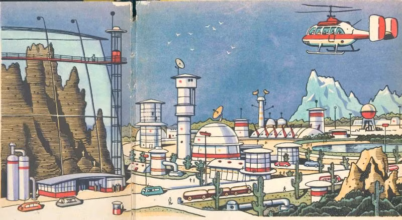 Một thị trấn trên mặt trăng với nhiều cây xanh và nhà cao tầng.