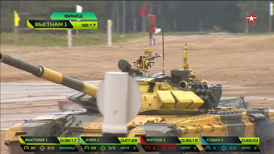 Tổng thời gian thi đấu của kíp lái số 1 đội tuyển tăng Việt Nam là 32 phút 17 giây bao gồm cả thời gian chạy phạt, kém đội đứng đầu là Cuba chỉ đúng 1 giây trong khi đó đội Cuba đã bắn trúng hai phát và phải chạy phạt ít hơn chúng ta một nửa. Nguồn ảnh: Armygame2019.