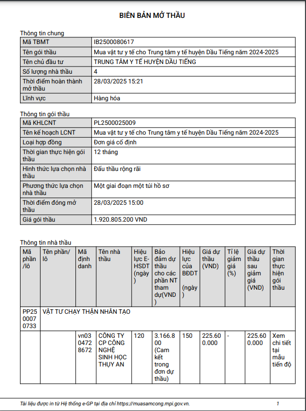 Binh Duong: 4 nha thau tham gia mua vat tu cho TTYT huyen Dau Tieng
