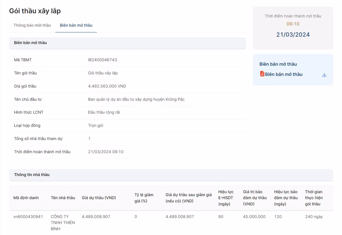 Dak Lak: Cty Thien Binh co trung goi thau gan 4,5 ty tai Krong Pac?