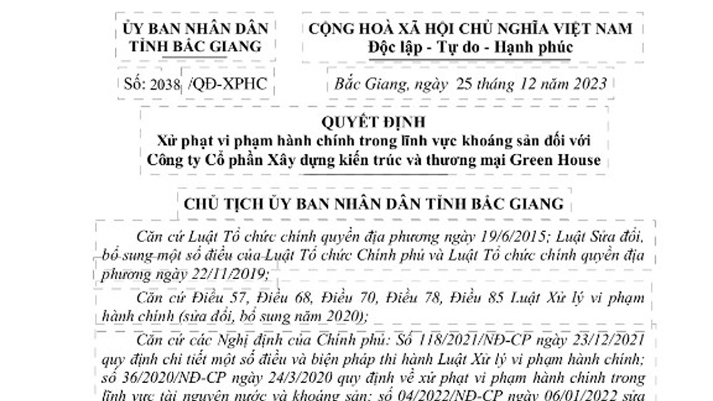 Loạt sai phạm khai thác khoáng sản của Công ty Green House Bắc Giang Loat sai pham khai thac khoang san cua Cong ty Green House Bac Giang
