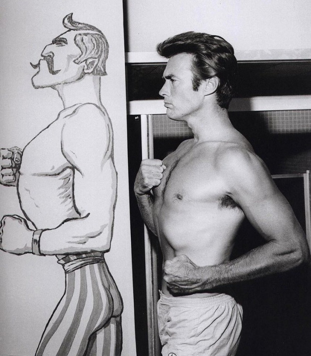 Clint Eastwood tạo dáng theo bức biếm họa, 1964.