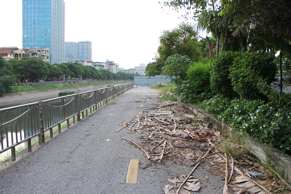Cành cây, lá cây rụng không ai dọn chiếm cả lòng đường gây mất mỹ quan đô thị.