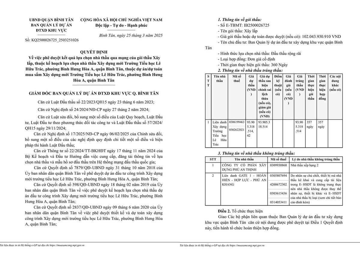 TP HCM: Cty Hung Viet 1 thang trung 2 goi thau xay truong hoc tai Binh Tan