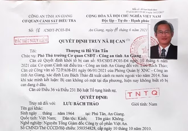 Do Lưu Bách Thảo đã trốn khỏi địa phương, nên Cơ quan Cảnh sát điều tra Công an tỉnh An Giang đã ra quyết định truy nã đặc biệt nguy hiểm toàn quốc đối với đối tượng này. 