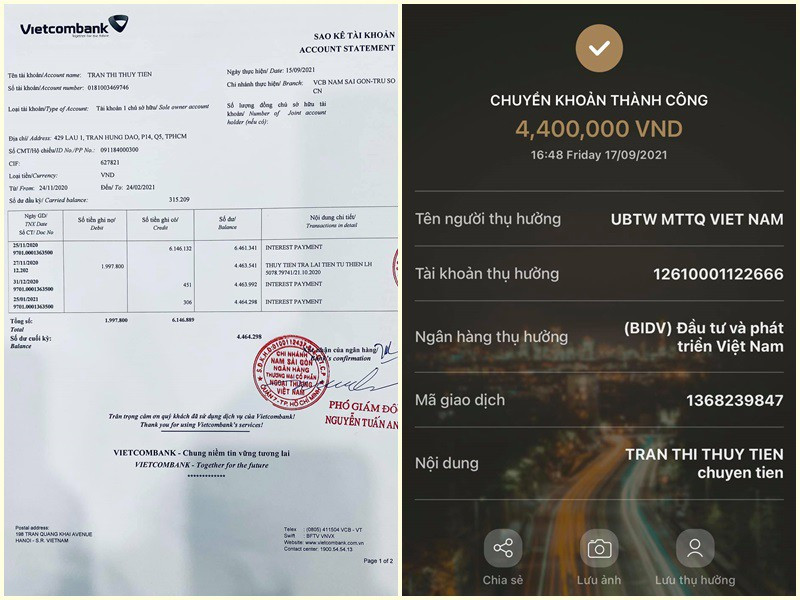 Trước đó, tại buổi livestream công khai sao kê từ thiện, Công Vinh và Thủy Tiên cho biết, trước khi kêu gọi từ thiện 5 ngày, số tiền trong tài khoản của Thủy Tiên là 272 triệu đồng. Nữ ca sĩ đứng ra kêu gọi từ ngày 13/10 - 23/11/2020 kết thúc, số tiền trong tài khoản mà họ nhận được là hơn 177 tỷ đồng. "Số tiền ghi nợ là tất cả số tiền vợ chồng tôi rút ra chi cho miền Trung, là 177 tỷ 792 triệu đồng. Còn số tiền ghi có tức là số tiền tất cả "mạnh thường quân" cả nước gửi vào trong tài khoản đến ngày 23/11 là 177 tỷ 520 triệu đồng", Công Vinh giải thích.