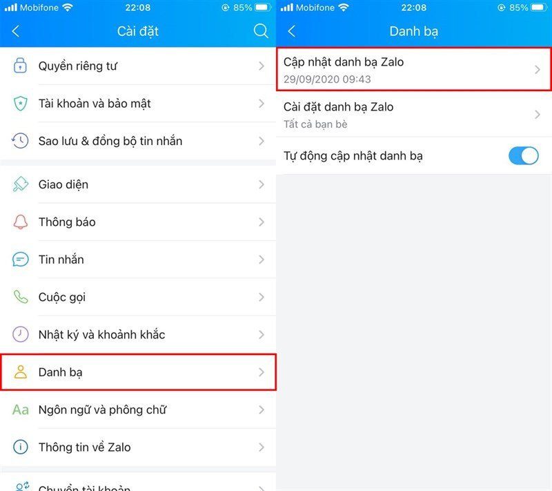 Cập nhật đồng bộ danh bạ với Zalo. Việc làm này sẽ giúp các bạn biết được trong danh bạ của mình có những người nào cũng sử dụng Zalo và liên lạc với họ. Các thao tác như sau: vào Cài đặt > Danh bạ > Cập nhật danh bạ Zalo > Cập nhật.