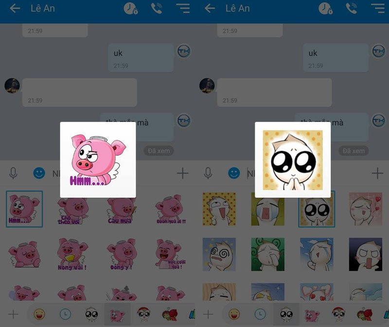 Xem trước Sticker. Xem trước Sticker giúp bạn tránh được tình trạng gửi nhầm cho bạn bè mình. Muốn xem trước nội dung của nhãn dán, bạn chỉ cần nhấn giữ vào sticker là được. 