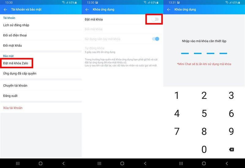 Đặt mã khóa Zalo. Tính năng này giúp bảo vệ Zalo của bạn không cho người lạ xâm nhập vào đọc trộm tin nhắn. Để sử dụng tính năng này, bạn vào Cài đặt > Tài khoản và bảo mật > Đặt mã khóa Zalo > Vuốt tùy chọn sang phải để kích hoạt Đặt mã khóa Zalo.