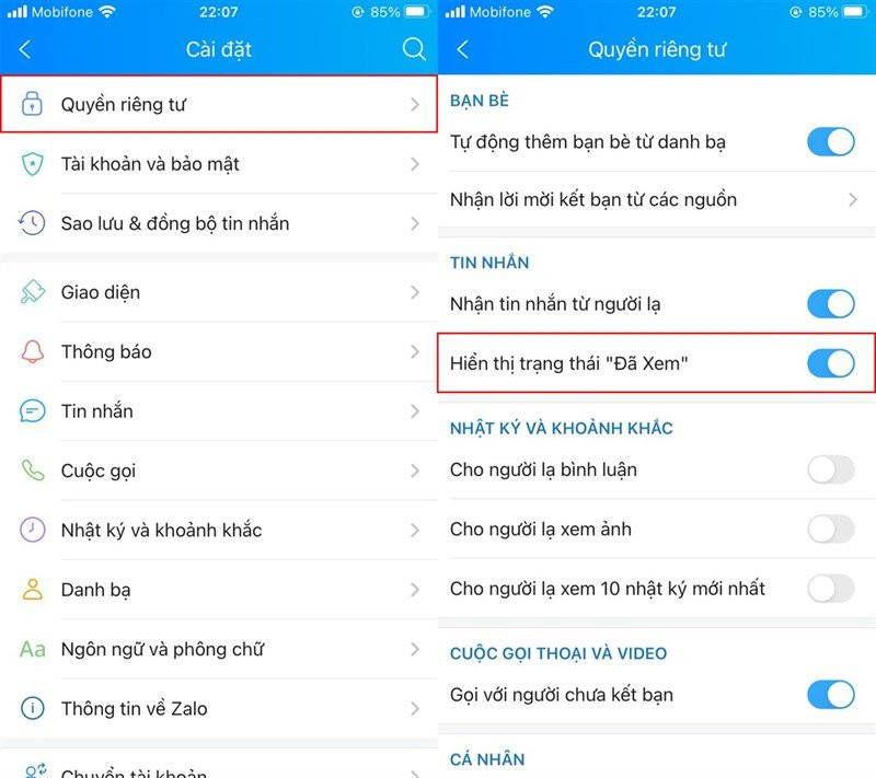 Tắt thông báo “đã xem” trên Zalo. Thông báo “đã xem” giúp bạn biết đối phương đã đọc được tin nhắn của bạn hay chưa. Nhưng nếu bạn “đã xem” mà chưa kịp trả lời thì có thể gây hiểu nhầm. Bạn có thể vào mục menu Thêm > chọn biểu tượng hình bánh răng ở góc trên bên phải > Quyền riêng tư > Vuốt tùy chọn sang trái để tắt Hiển thị trạng thái “đã xem”. 