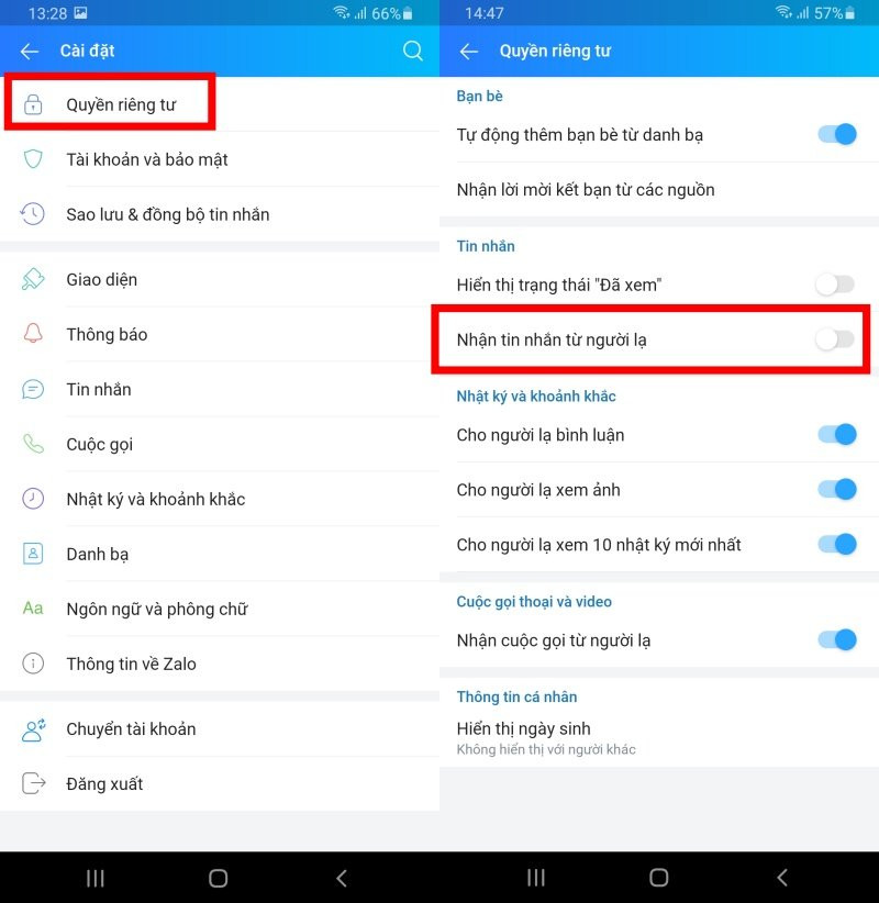Chặn tin nhắn từ người lạ. Nếu không muốn nhận các tin nhắn spam, quảng cáo từ người lạ, bạn có thể chặn chúng. Vào cài đặt Zalo > Quyền riêng tư > Vuốt tùy chọn sang trái để tắt Nhận tin nhắn từ người lạ. 
