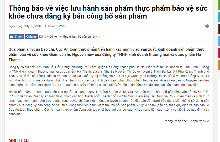 Thông báo của Cục An toàn thực phẩm về thực phẩm giảm cân họ Nguyễn new chưa đăng ký bản công bố sản phẩm
