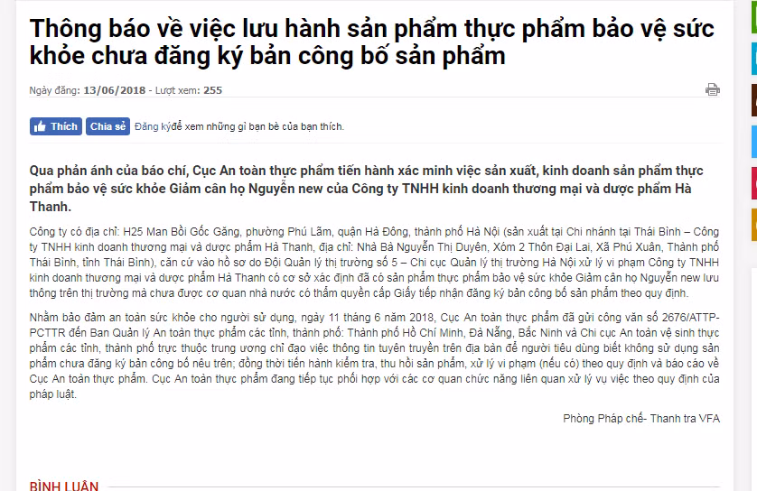 Thông báo của Cục An toàn thực phẩm về thực phẩm giảm cân họ Nguyễn new chưa đăng ký bản công bố sản phẩm