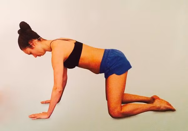 Mẹ quỳ gối và chống hai tay thẳng đứng.