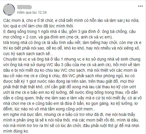 Nàng dâu ấm ức chia sẻ vì bị mẹ chồng chê ở bẩn