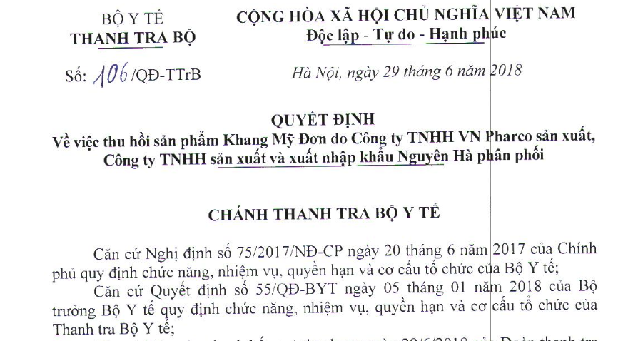 Quyết định của Thanh tra Bộ Y tế yêu cầu thu hồi sản phẩm viên đặt âm đạo Khang Mỹ Đơn