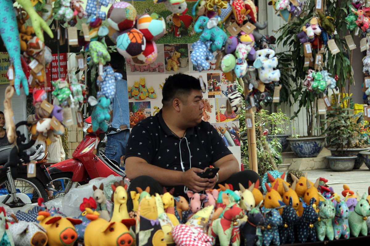 Tại các sạp hàng ở không gian phố bích họa Phùng Hưng còn bày bán rất nhiều thú bông, đặc biệt là những chú lợn linh vật biểu tượng cho Tết Nguyên đán Kỷ Hợi 2019 để phục vụ du khách, người dân có nhu cầu mua, xem.