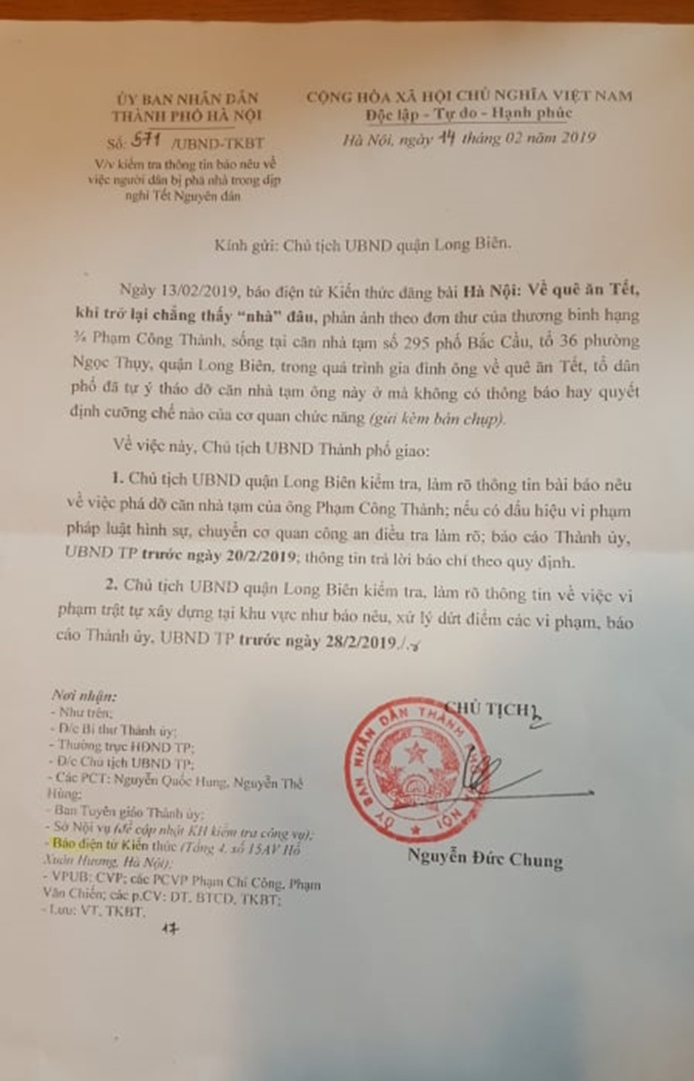 Chu tich Ha Noi chi dao lam ro vu nguoi dan bi pha do nha tam
