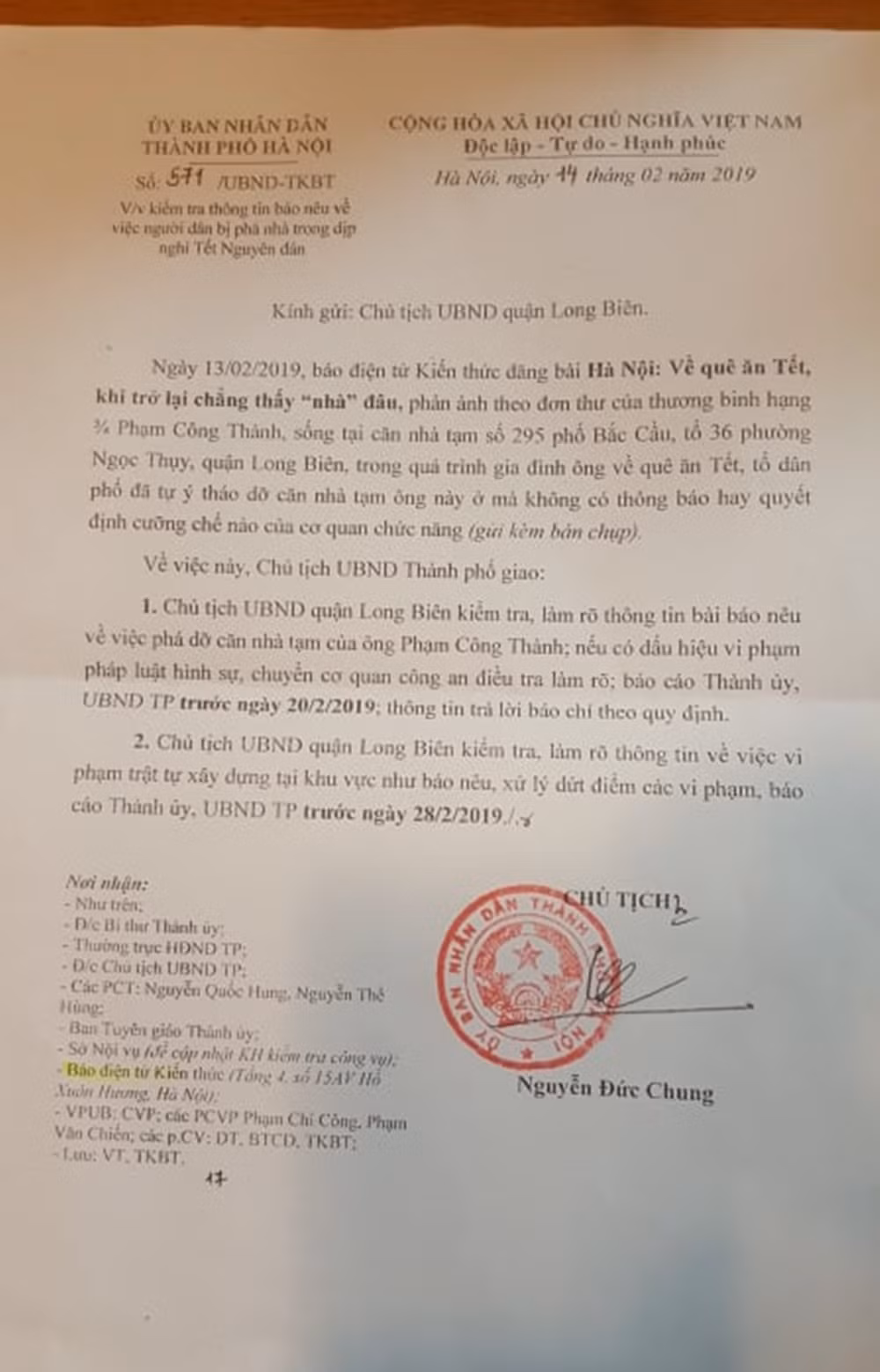 Chu tich Ha Noi chi dao lam ro vu nguoi dan bi pha do nha tam