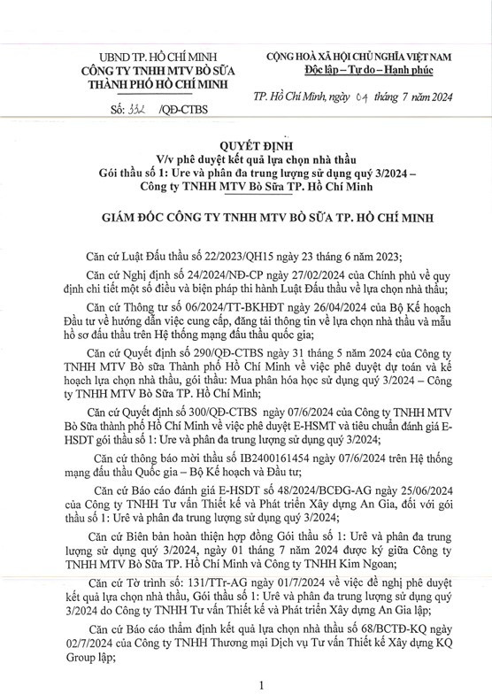 Nang luc nha thau trung 7 goi thau cua Cong ty Bo sua TP HCM