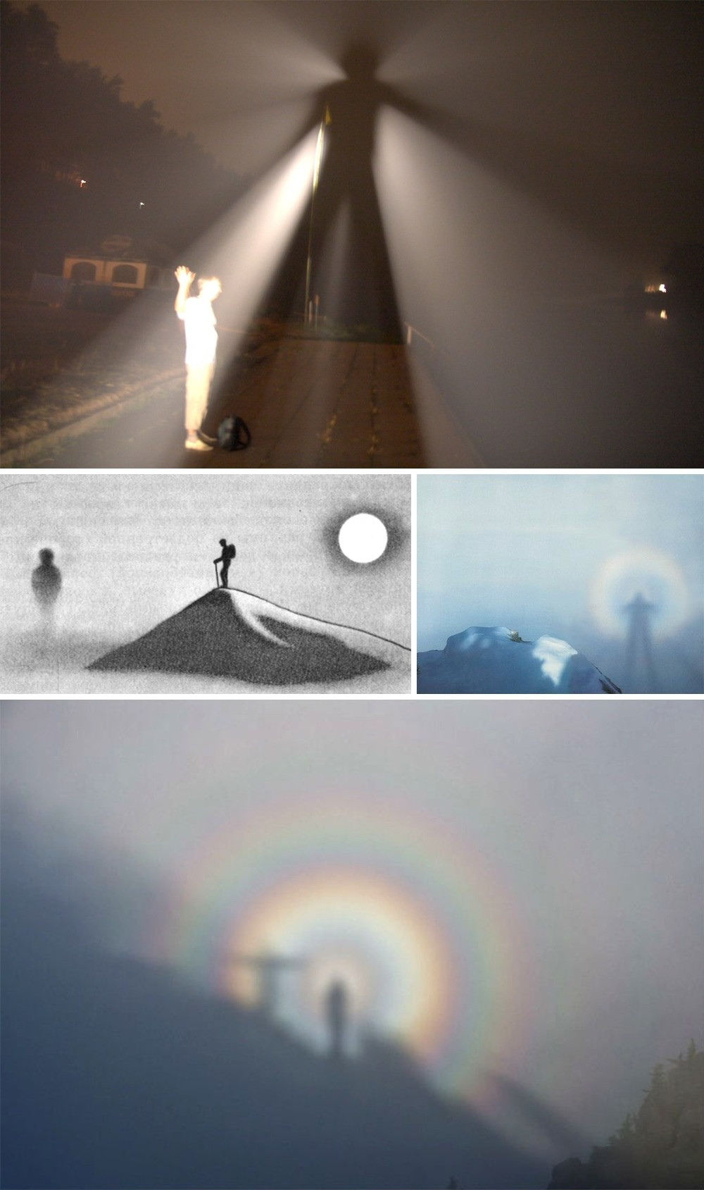 Hiện tượng bóng ma núi, hiện tượng này xảy ra khi một người đứng đối diện với tâm mặt trời trên sườn núi hoặc trên đỉnh núi cao, nơi xuất hiện cầu vồng sương mù, lúc đó bóng của họ sẽ in trên cầu vồng.Cầu vồng sương mù này được hình thành do ánh sáng mặt trời phản chiếu vào các giọt nước, tạo ra một hình cung đối diện với mặt trời.(Nguồn Bightside)