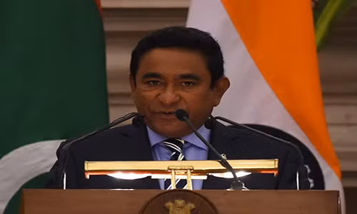 Cựu Tổng thống Maldives Abdulla Yameen Abdul Gayoom trong cuộc họp báo ở New Delhi, Ấn Độ ngày 11/4.
