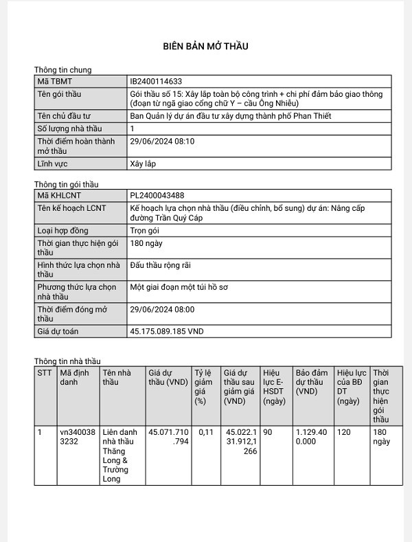 Bình Thuận: Gói thầu 45 tỷ, chỉ LD Thăng Long - Trường Long tham gia Binh Thuan: Goi thau 45 ty, chi LD Thang Long - Truong Long tham gia