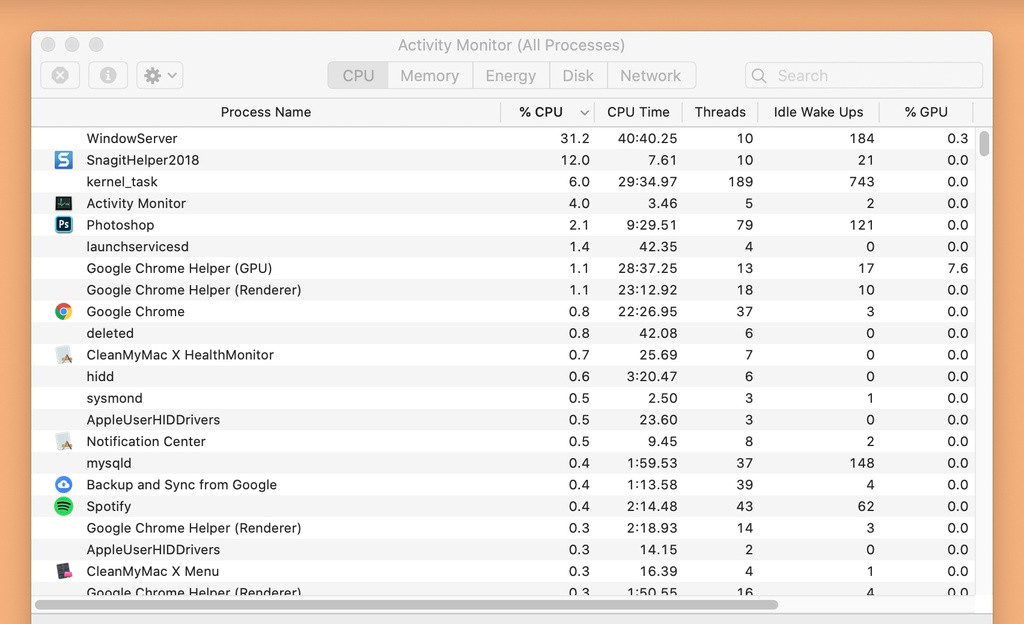 Kiểm tra máy tính. Nếu chỉ có máy tính hoặc laptop vào Wi-Fi chậm, bạn có thể mở Task Manager (Windows) hoặc Activity Monitor (macOS) để kiểm tra xem có ứng dụng không cần thiết nào đang chạy ngầm không. Một số ứng dụng luôn tự cập nhật nội dung mới trong khi bạn chưa cần dùng đến cũng khiến tốc độ Wi-Fi trên máy bị chậm. Ảnh: Chụp màn hình.