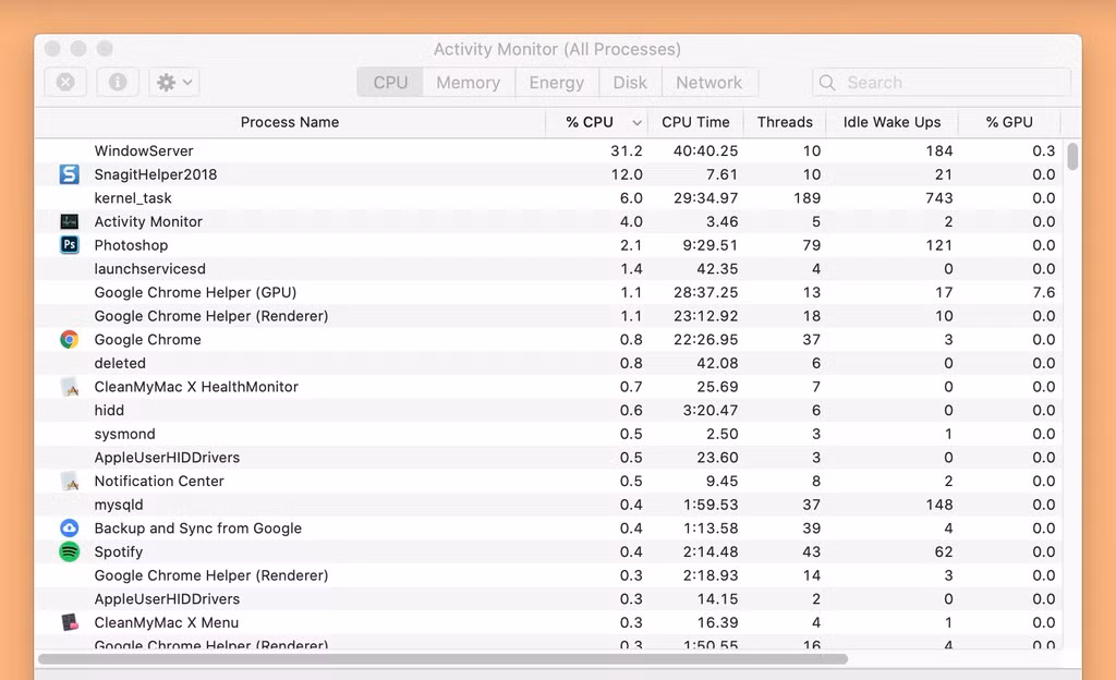 Kiểm tra máy tính. Nếu chỉ có máy tính hoặc laptop vào Wi-Fi chậm, bạn có thể mở Task Manager (Windows) hoặc Activity Monitor (macOS) để kiểm tra xem có ứng dụng không cần thiết nào đang chạy ngầm không. Một số ứng dụng luôn tự cập nhật nội dung mới trong khi bạn chưa cần dùng đến cũng khiến tốc độ Wi-Fi trên máy bị chậm. Ảnh: Chụp màn hình.