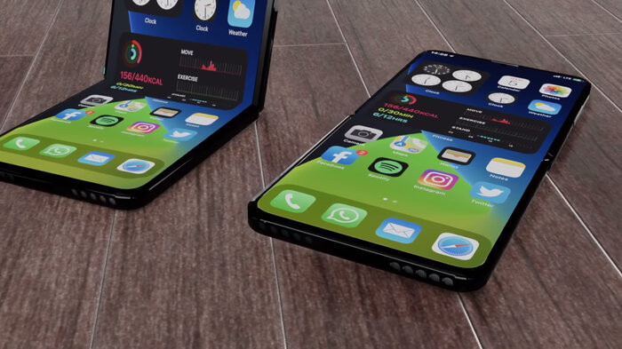Chiếc iPhone 12 Flip cũng không hề có bất cứ nếp nhăn nào và đây là điều mà những chiếc smartphone màn hình gập hiện tại chưa thể nào làm được. Thông thường, một nếp gấp sẽ xuất hiện ở giữa nơi màn hình được gập lại với nhau. (Ảnh: ConceptsiPhone)