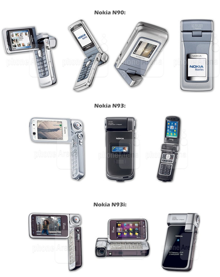Nokia N90 (2005), N93 (2006) và N93i (2007) sử dụng cùng ngôn ngữ thiết kế gấp mở và màn hình xoay khiến chúng trông như những chiếc máy quay cầm tay chuyên dụng. Sức mạnh và điểm nhấn của máy nằm ở camera Carl Zeiss với đèn flash LED (2 MP trên N90, 3,2 MP với khả năng quay video 30 fps trên N93).