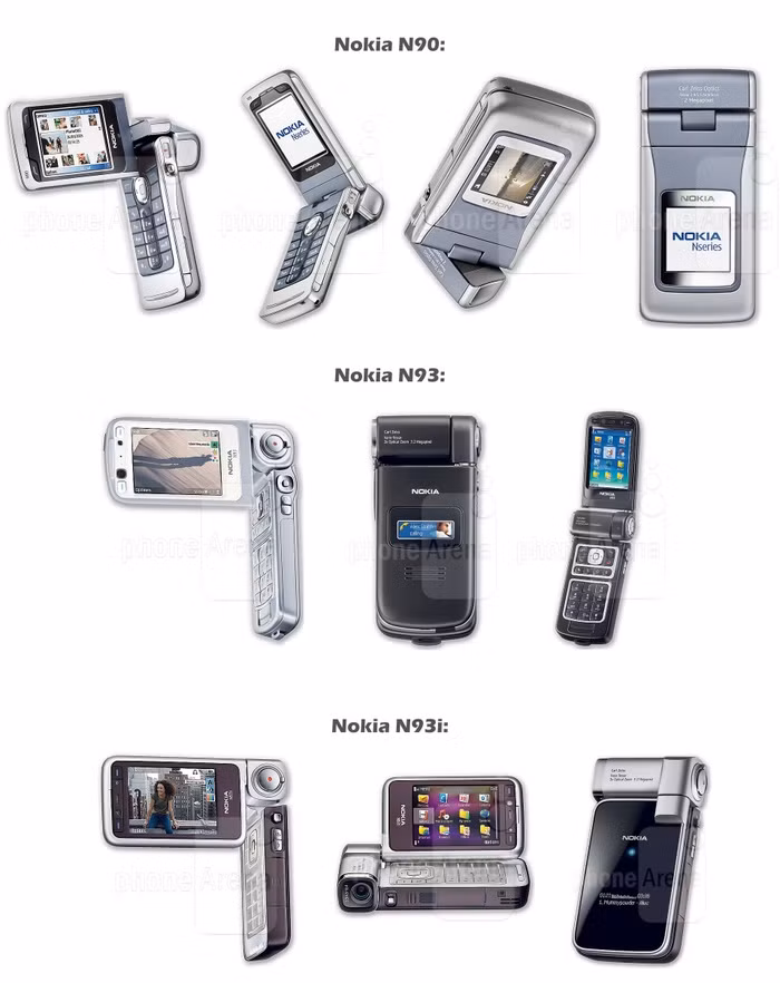 Nokia N90 (2005), N93 (2006) và N93i (2007) sử dụng cùng ngôn ngữ thiết kế gấp mở và màn hình xoay khiến chúng trông như những chiếc máy quay cầm tay chuyên dụng. Sức mạnh và điểm nhấn của máy nằm ở camera Carl Zeiss với đèn flash LED (2 MP trên N90, 3,2 MP với khả năng quay video 30 fps trên N93).