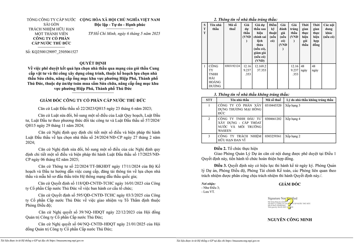 Vuot 3 doi thu, Cty Hai Hoang Duong thang thau tai Cap nuocThu Duc
