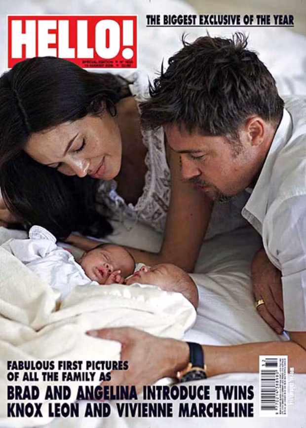 Tháng 7/2008, Brangelina khoe bức ảnh đầu tiên của hai con sinh đôi Knox và Vivienne trên tạp chí Hello!. Được biết họ đã được tờ tạp chí này trả 14 triệu USD để đăng bức ảnh độc quyền này.