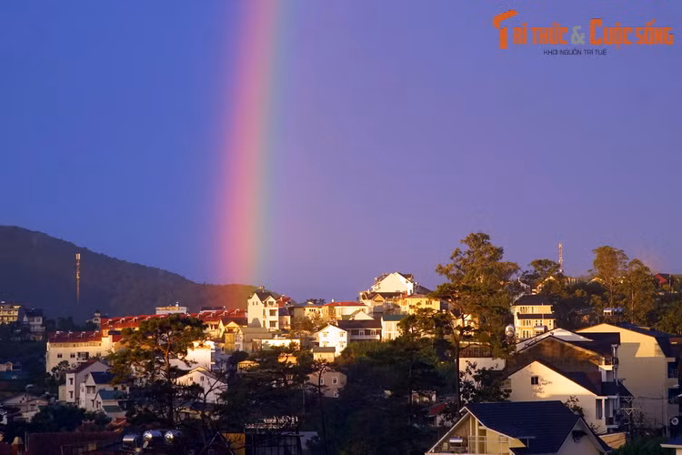 Phần lớn ánh sáng thoát ra ngoài và tập trung thành một vòng cung ở phía đối diện với mặt trời. Đó là cầu vồng bậc một, với các màu được xếp theo thứ tự là là đỏ, cam, vàng, lục, lam, chàm, tím.