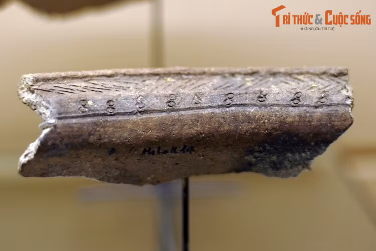 Mảnh miệng đồ đựng bằng gốm của văn hóa Gò Mun. Di vật văn hóa Gò Mun chủ yếu là đồ gốm và đồ đồng. Gốm Gò Mun có đặc trưng là được trang trí hoa văn nan chiếu và hoa văn khắc vạch, phối trí hài hòa với những vòng tròn nhỏ kết thành một dải quây vòng phủ kín miệng đồ vật.